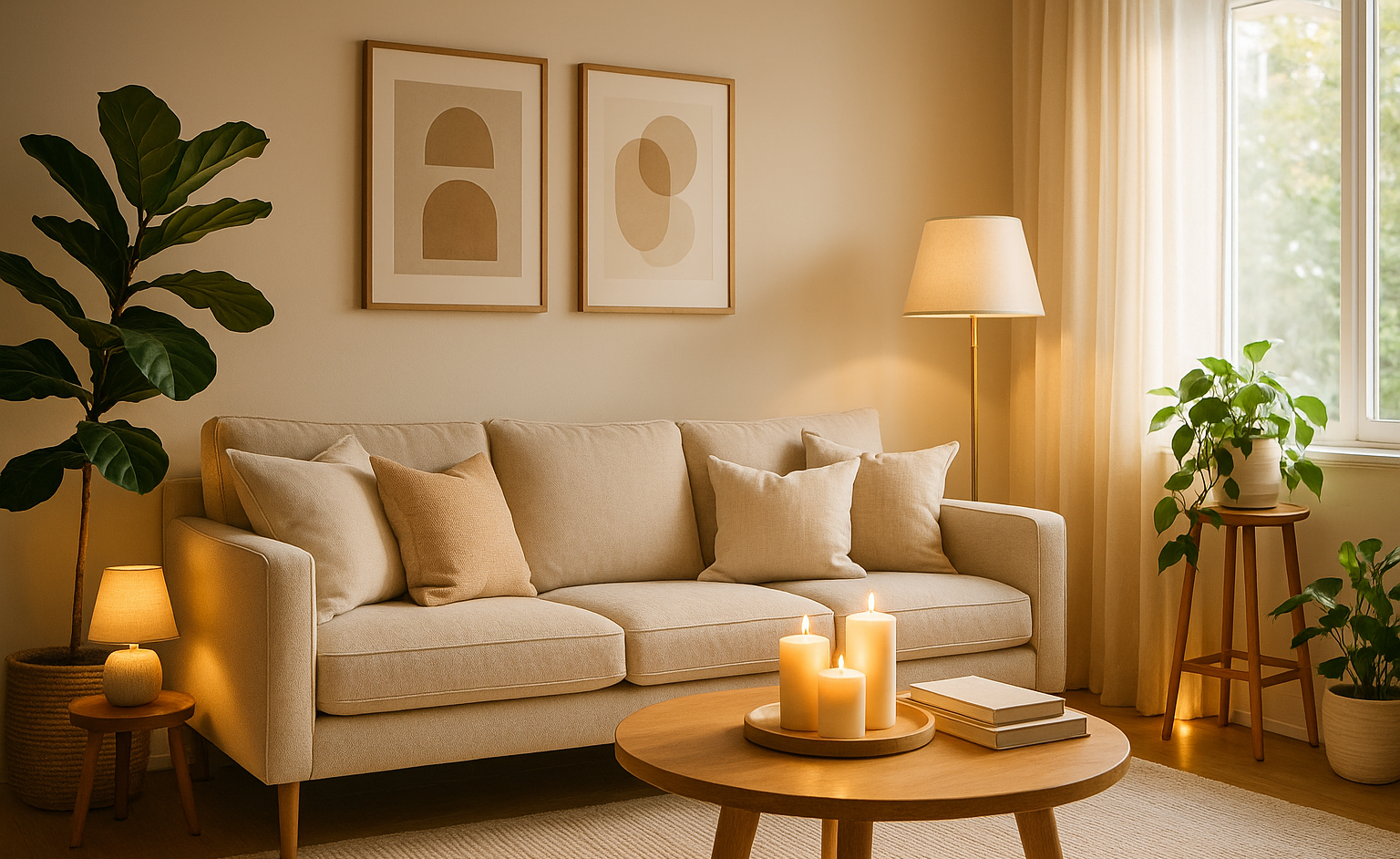 A cozy, modern living room with stylish home décor — soft neutral color palette, elegant sofa with decorative cushions, warm ambient lighting, indoor plants, a wooden coffee table with candles and books, wall art in minimal frames, natural sunlight coming through sheer curtains, high-quality realistic photography style