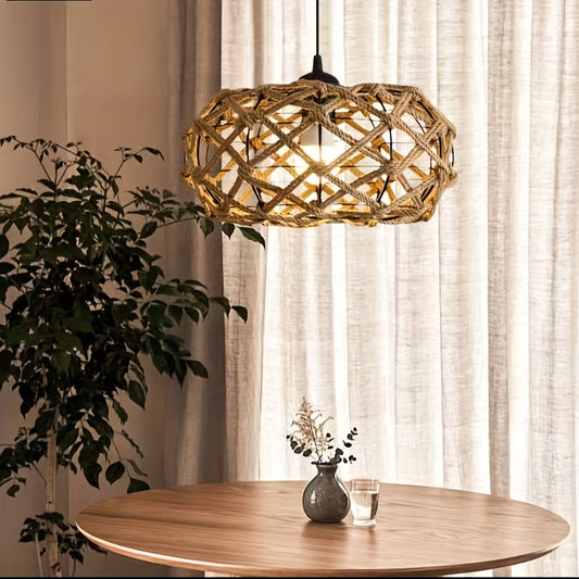 1pc Handmade Woven Rope Chandelier, 11.81-Inch Wide Pendant in Rustic Linen Color for Kitchen, Bedroom, Living Room, Dining Room
