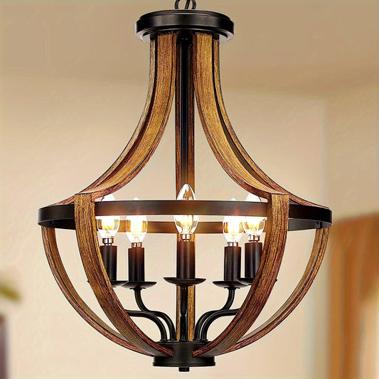 1pc Rustic Farmhouse Pendant Light, Adjustable Height, 5-Light Kit, E14 Base, Modern Country Style Chandelier For Kitchen, Dining, Living Room